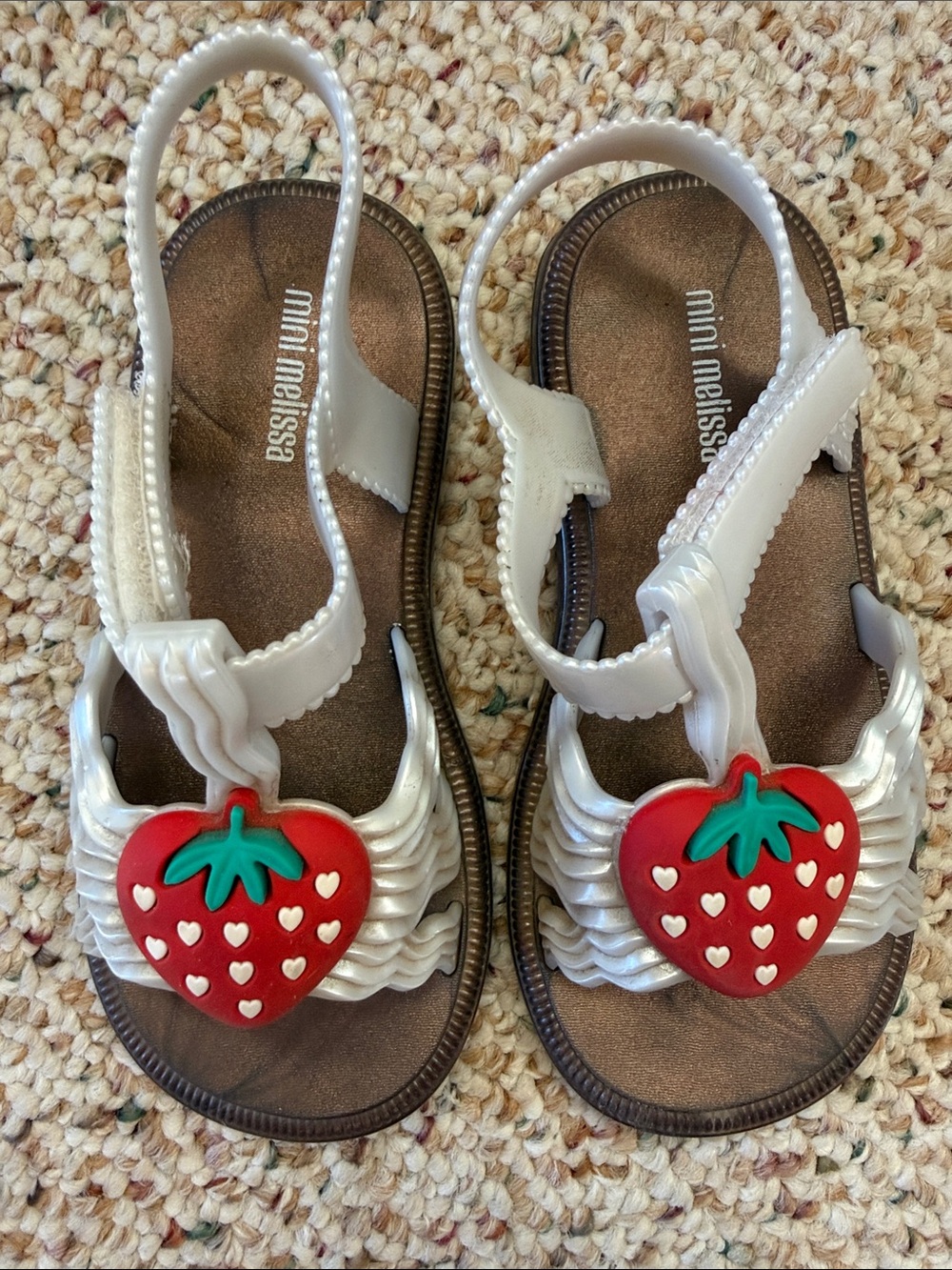 Mini Melissa Pearl White Jelly Sandals with Red Strawberry Charm